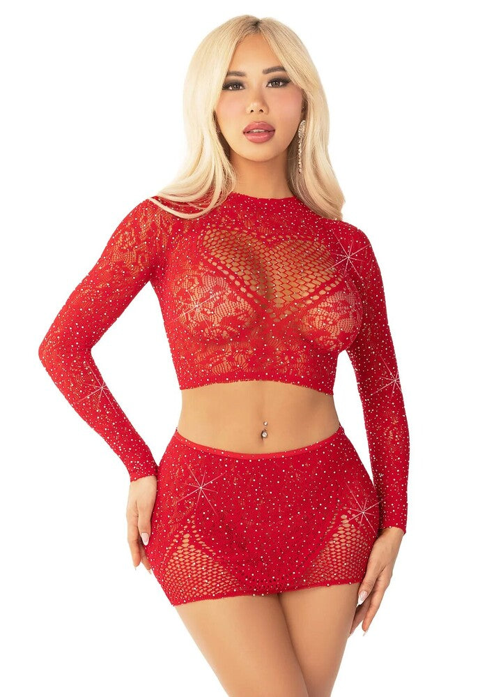 Completino Sexy Rhinestone Crop Top and Mini Skirt Rosso - immagine 1