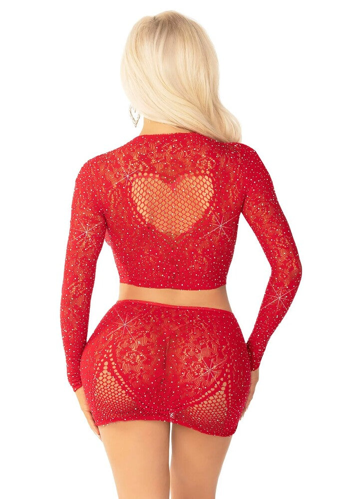 Completino Sexy Rhinestone Crop Top and Mini Skirt Rosso - immagine 2
