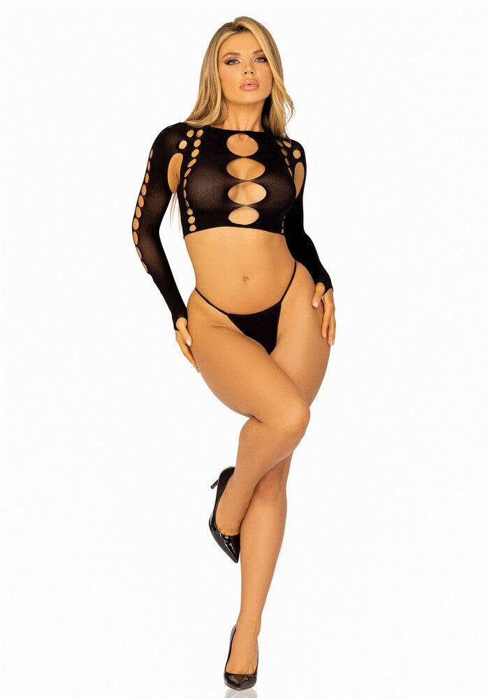 Completino Sexy Long Sleeve Crop Top e String Nero - immagine 6