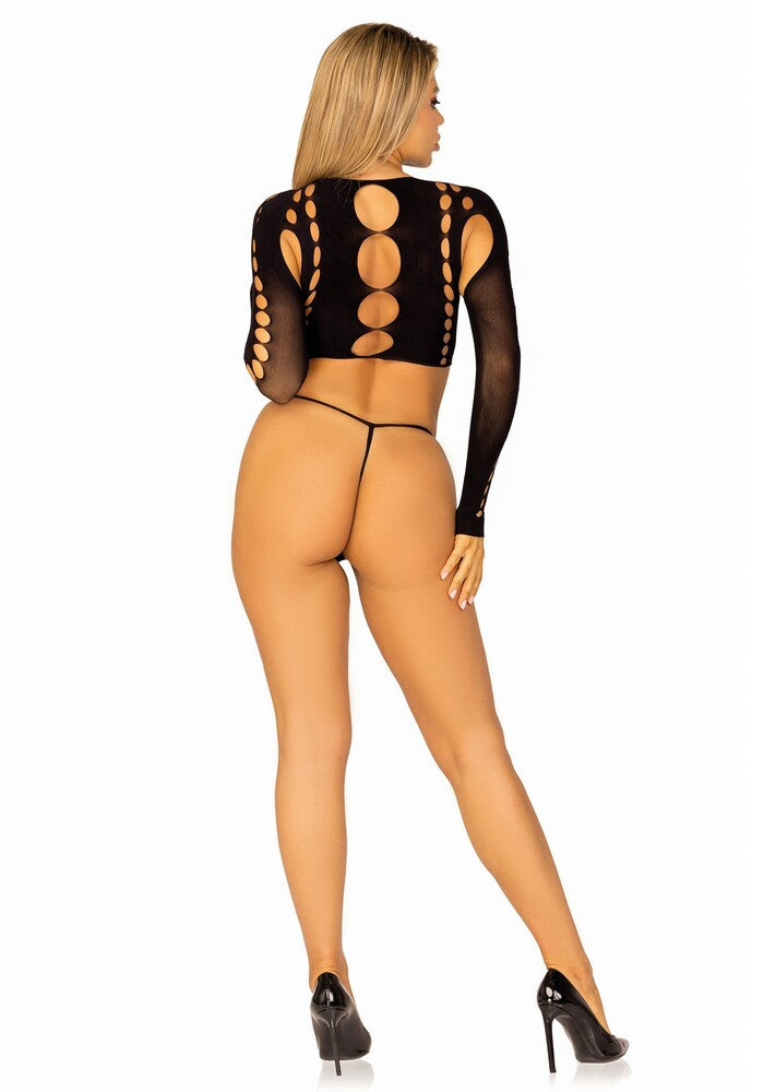 Completino Sexy Long Sleeve Crop Top e String Nero - immagine 7