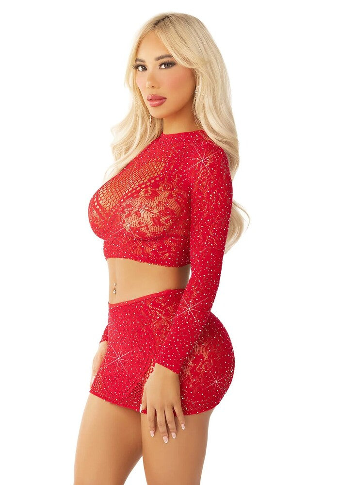 Completino Sexy Rhinestone Crop Top and Mini Skirt Rosso - immagine 3