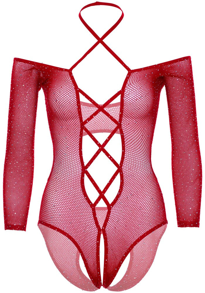 Body Sexy Crotchless Teddy with Halter Rosso - immagine 7